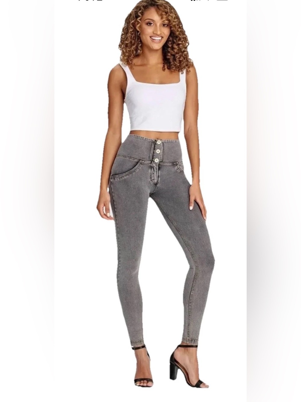 WRUP Denim 3 Bottoms High Waist Full Length Gray Yellow Stitching